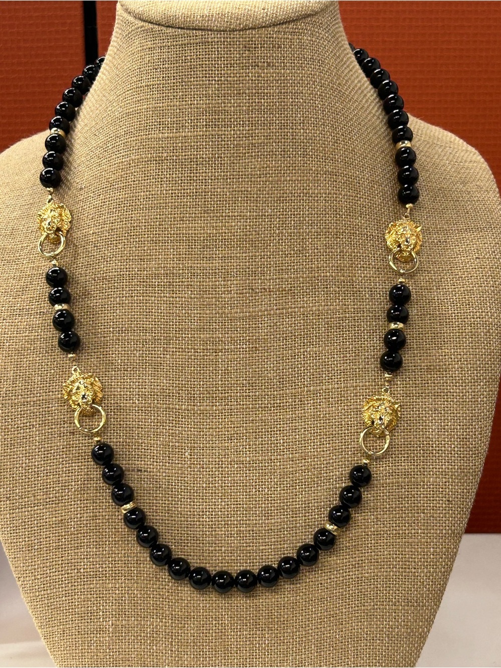 Beautiful Gold Lion Head and Black glass Bead Long Necklace